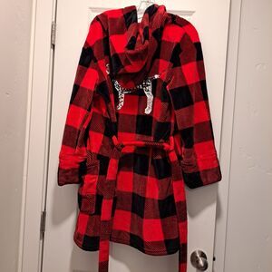 Victoria Secret Pink Robe XS Plush Plaid Sequin Dog Logo Hooded Pockets Belt Red